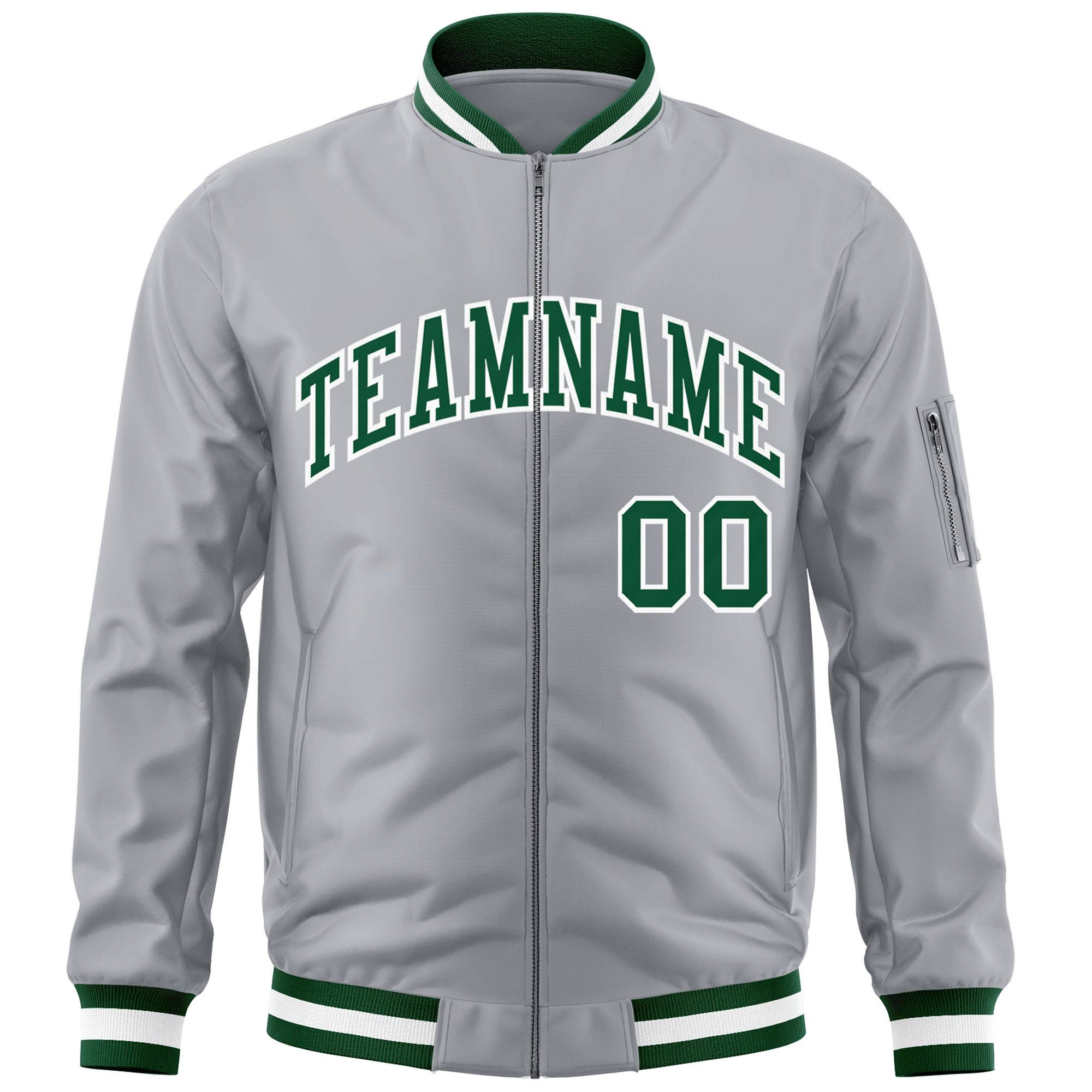 Custom Gray Green-White Varsity Full-Zip Letterman Bomber Jacket