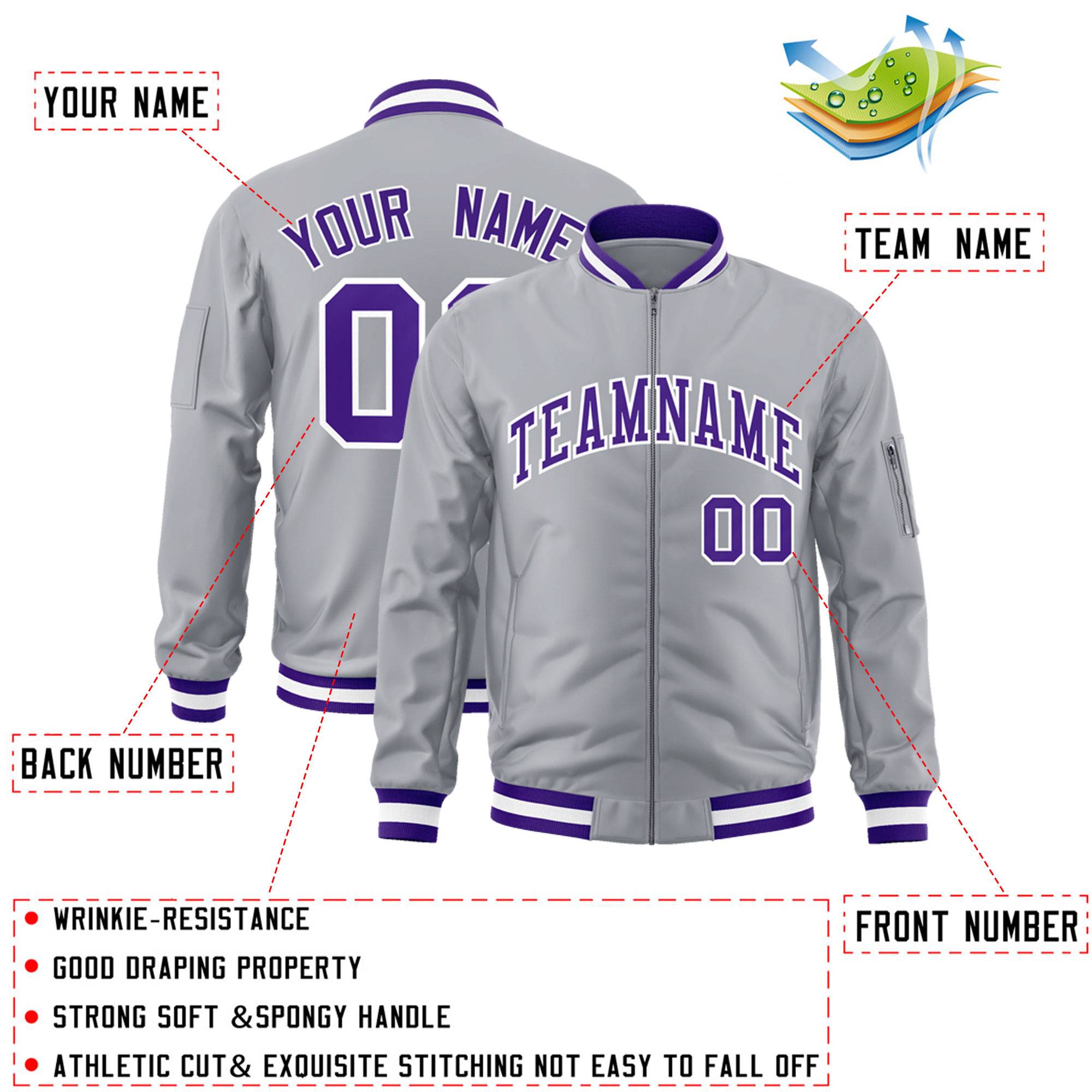 Custom Gray Purple-White Varsity Full-Zip Letterman Bomber Jacket