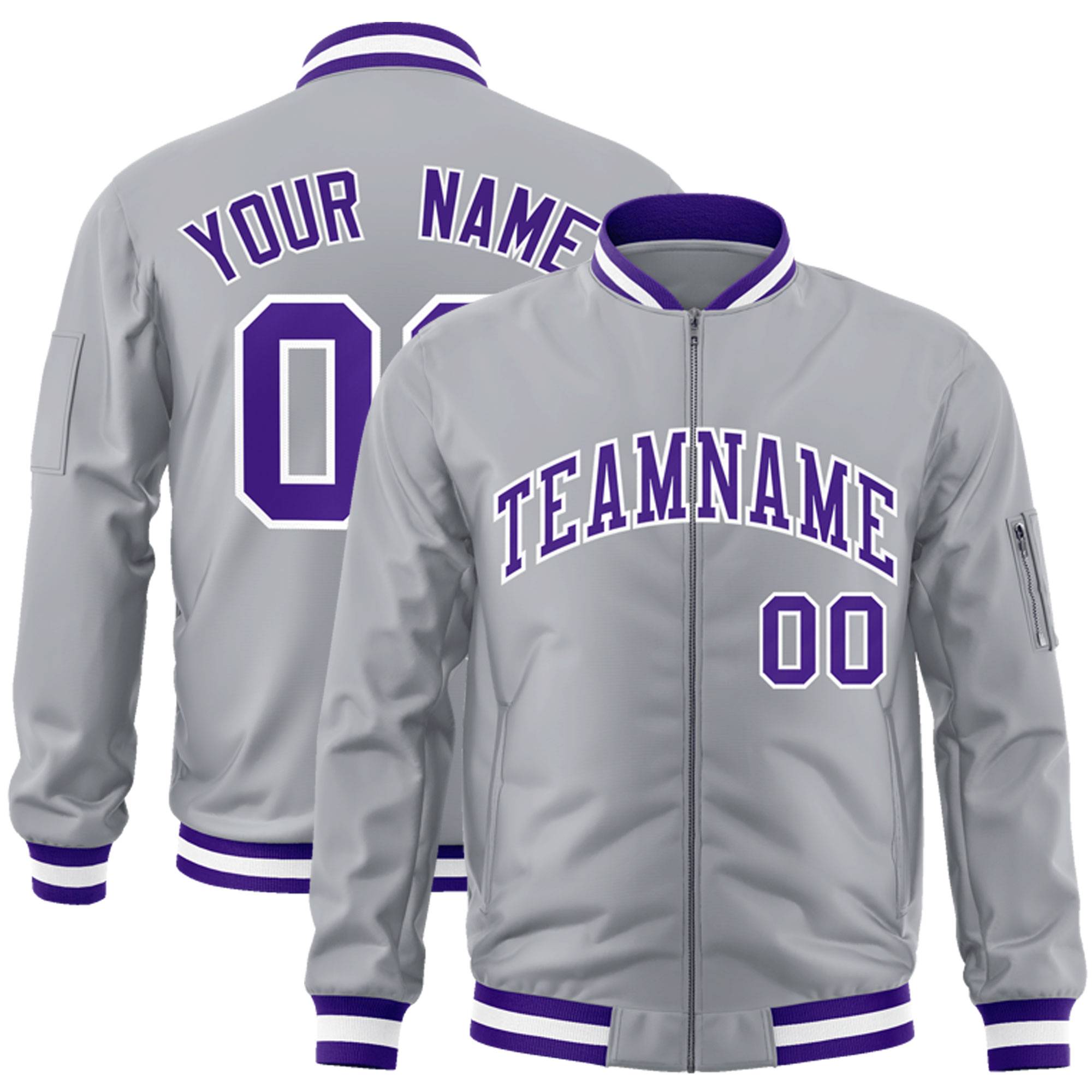 Custom Gray Purple-White Varsity Full-Zip Letterman Bomber Jacket