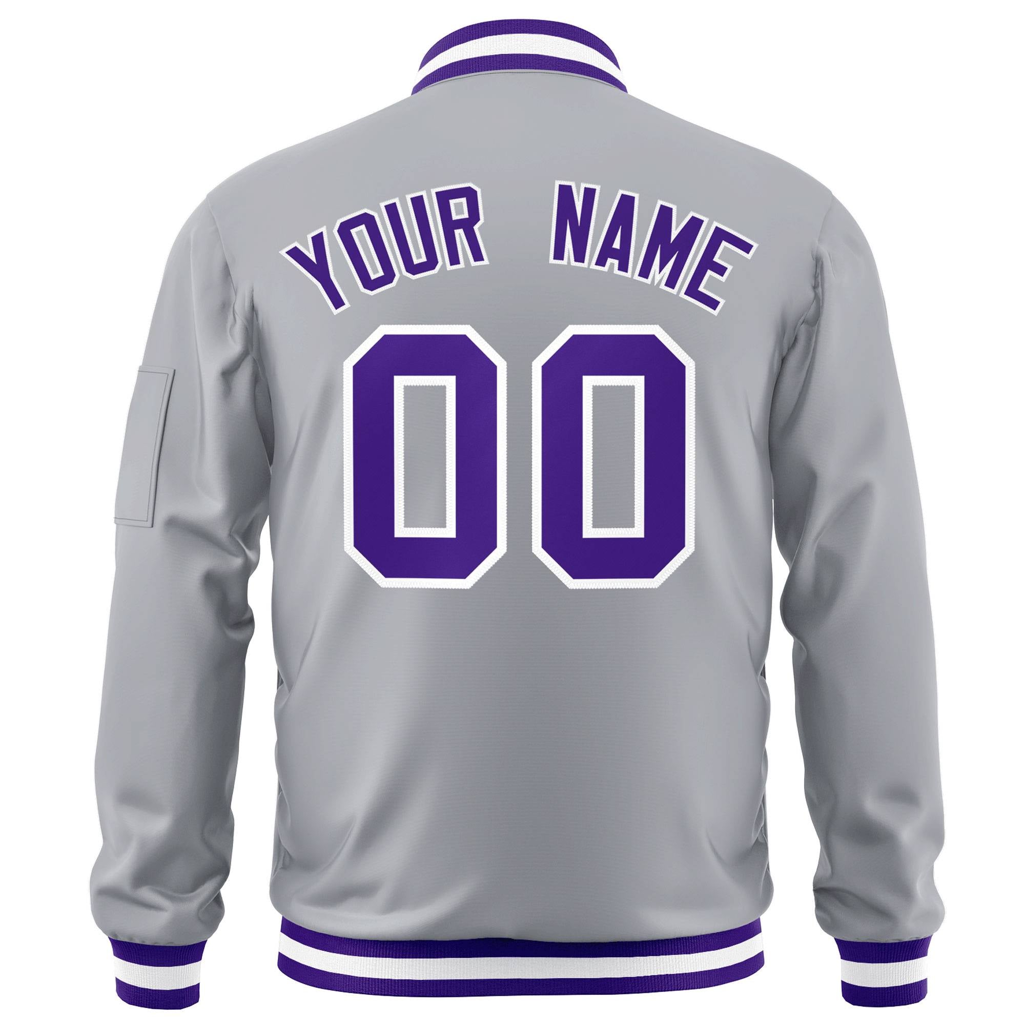 Custom Gray Purple-White Varsity Full-Zip Letterman Bomber Jacket