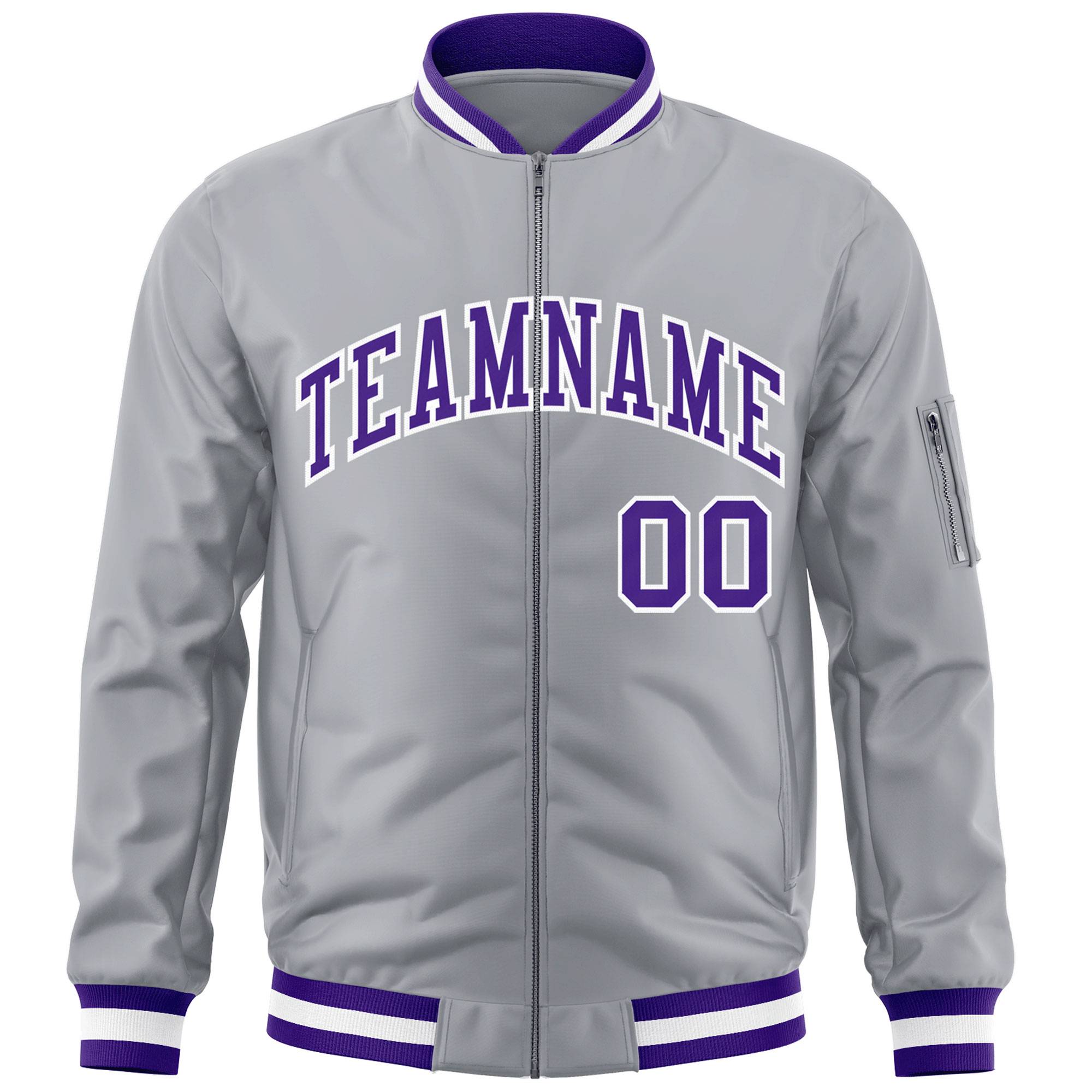 Custom Gray Purple-White Varsity Full-Zip Letterman Bomber Jacket