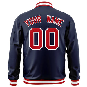 Custom Navy Red-White Varsity Full-Zip Letterman Bomber Jacket