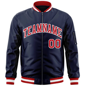 Custom Navy Red-White Varsity Full-Zip Letterman Bomber Jacket