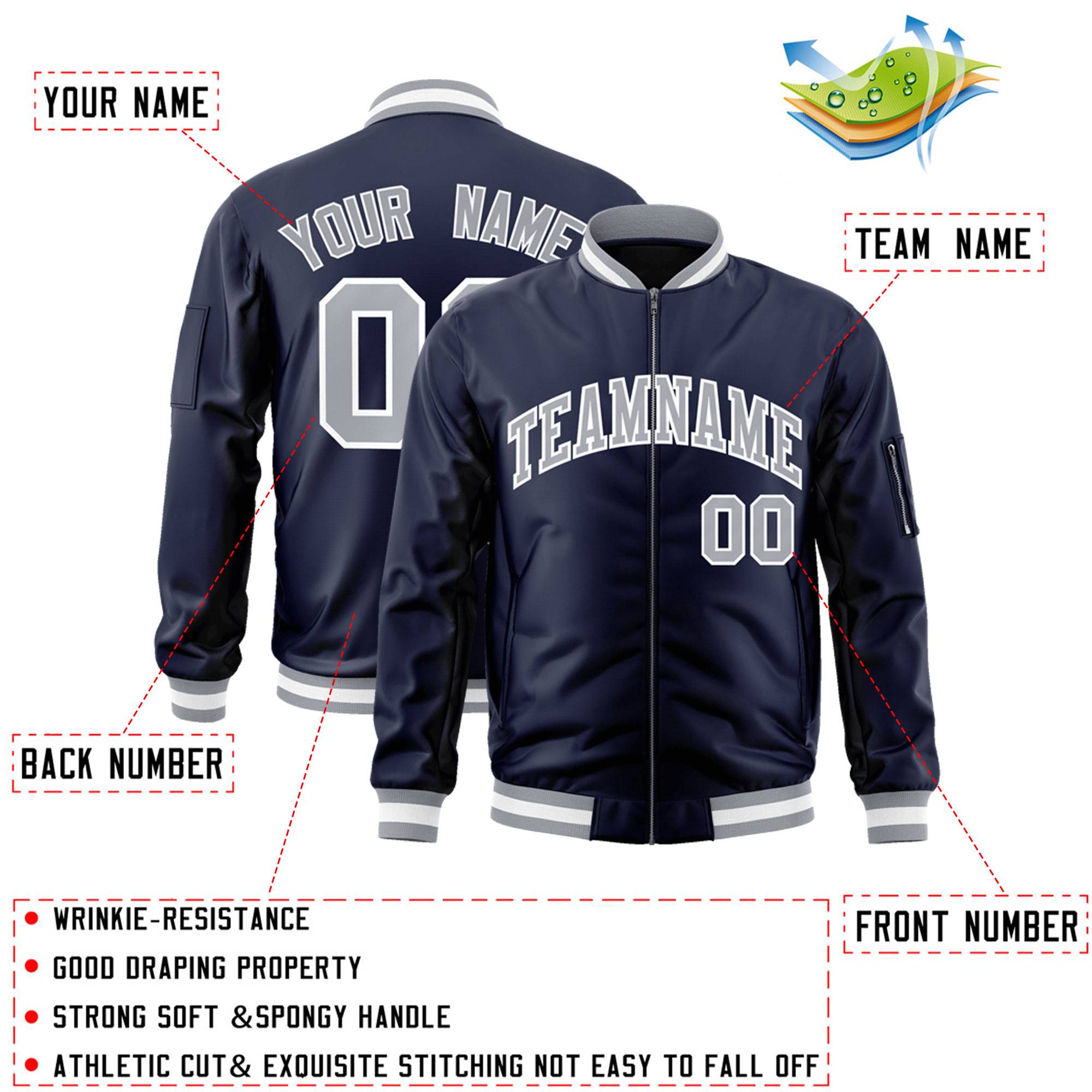 Custom Navy Gray-White Varsity Full-Zip Letterman Bomber Jacket