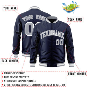 Custom Navy Gray-White Varsity Full-Zip Letterman Bomber Jacket