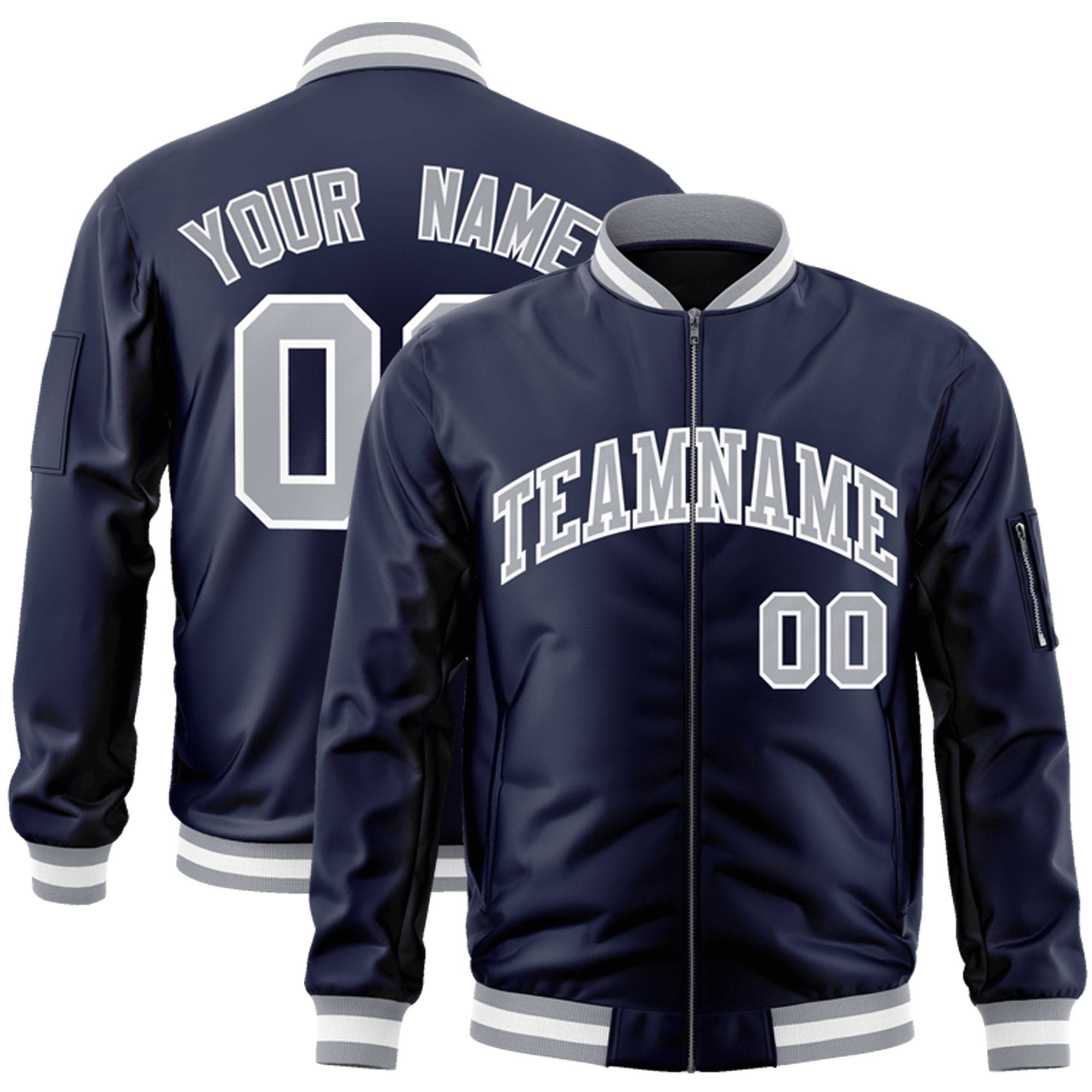 Custom Navy Gray-White Varsity Full-Zip Letterman Bomber Jacket