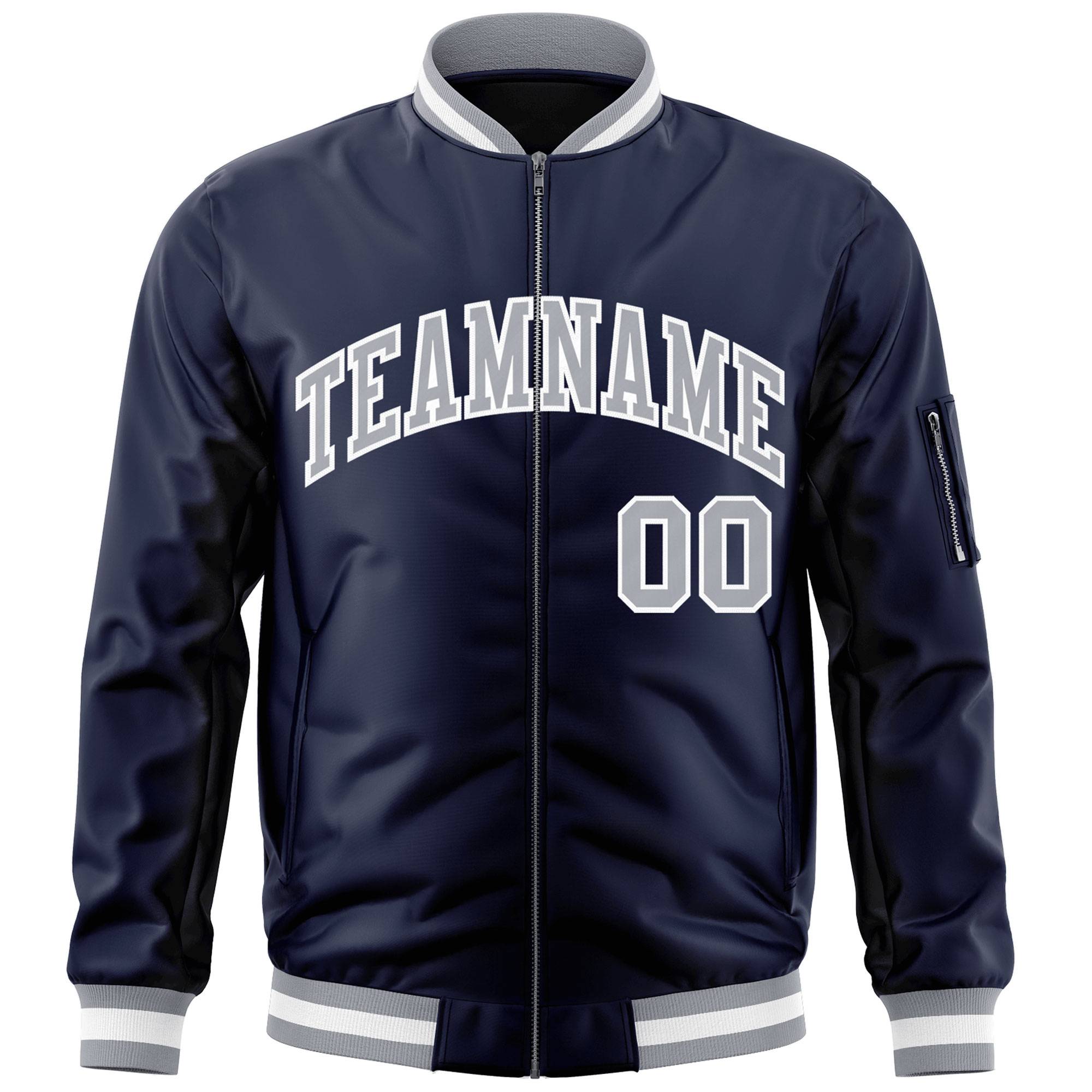 Custom Navy Gray-White Varsity Full-Zip Letterman Bomber Jacket