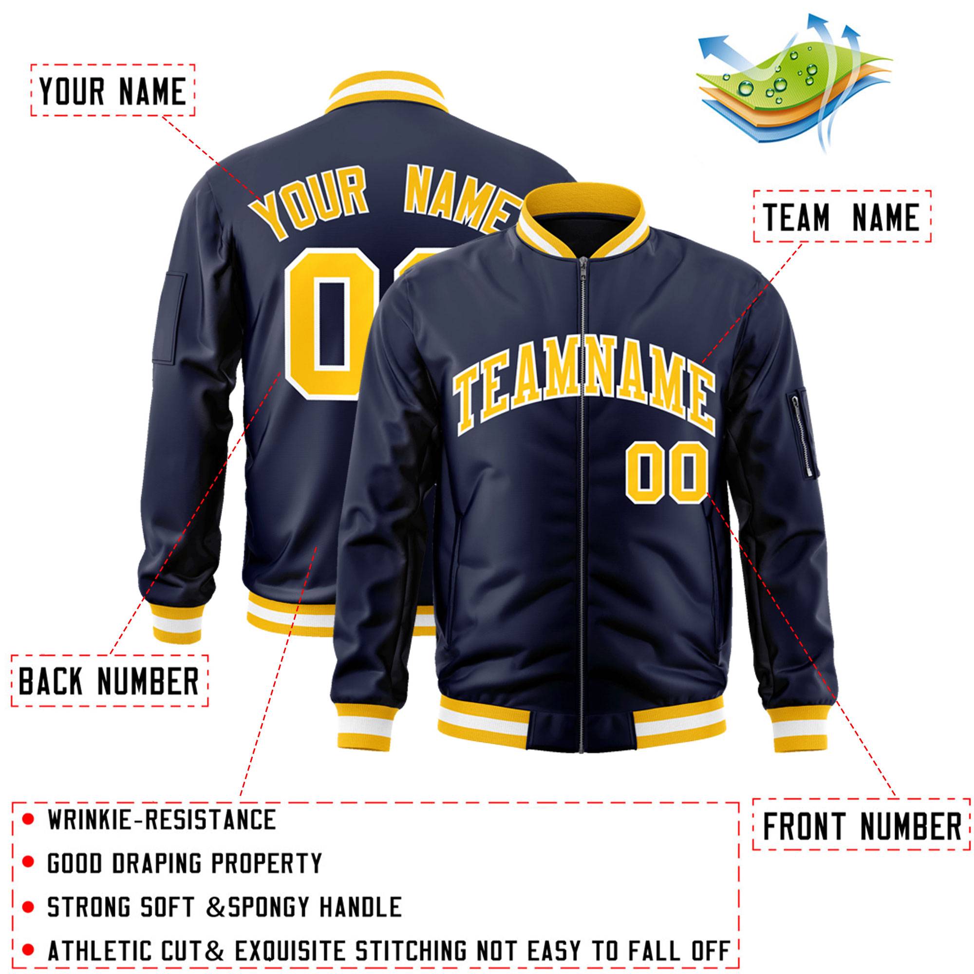 Custom Navy Gold-White Varsity Full-Zip Letterman Bomber Jacket