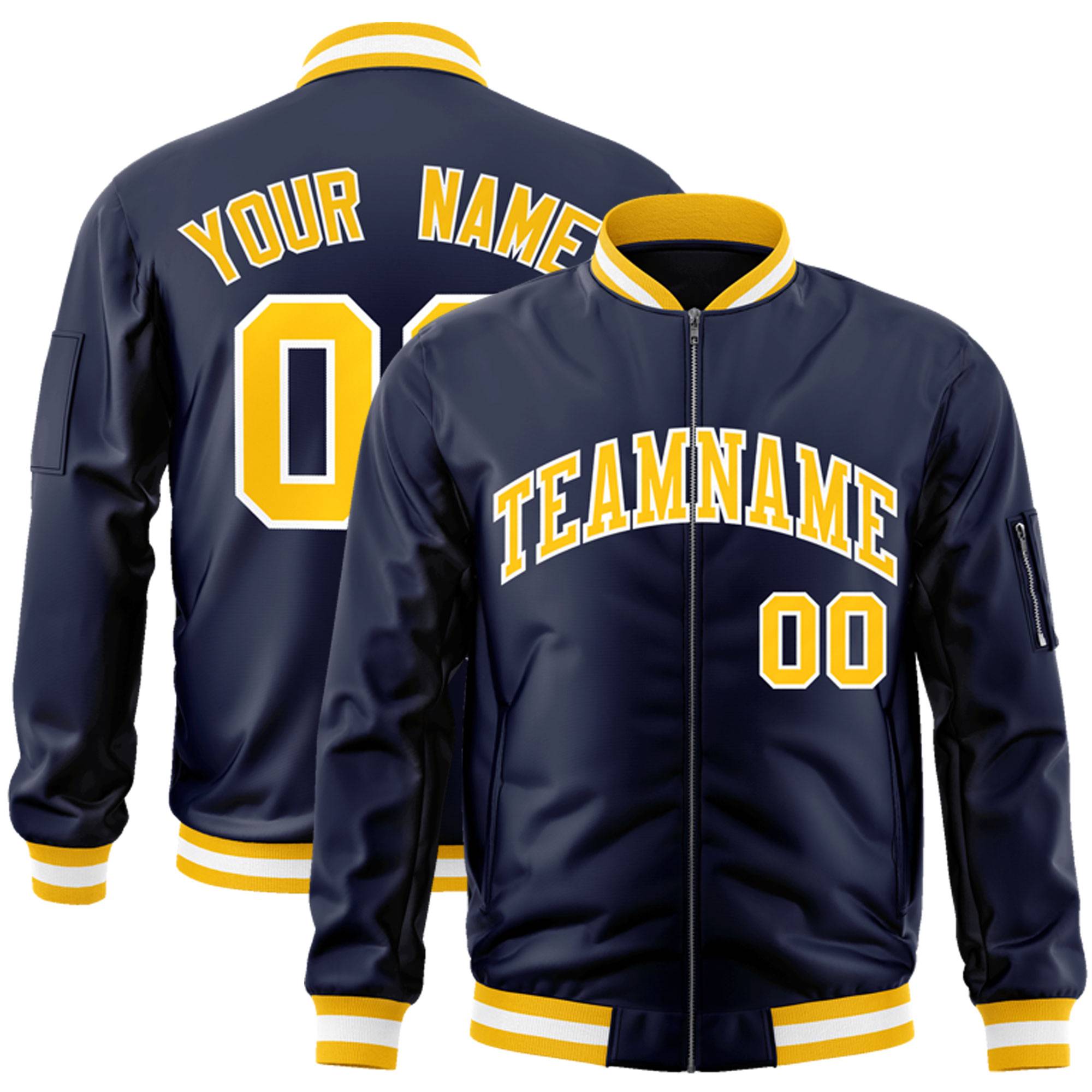 Custom Navy Gold-White Varsity Full-Zip Letterman Bomber Jacket