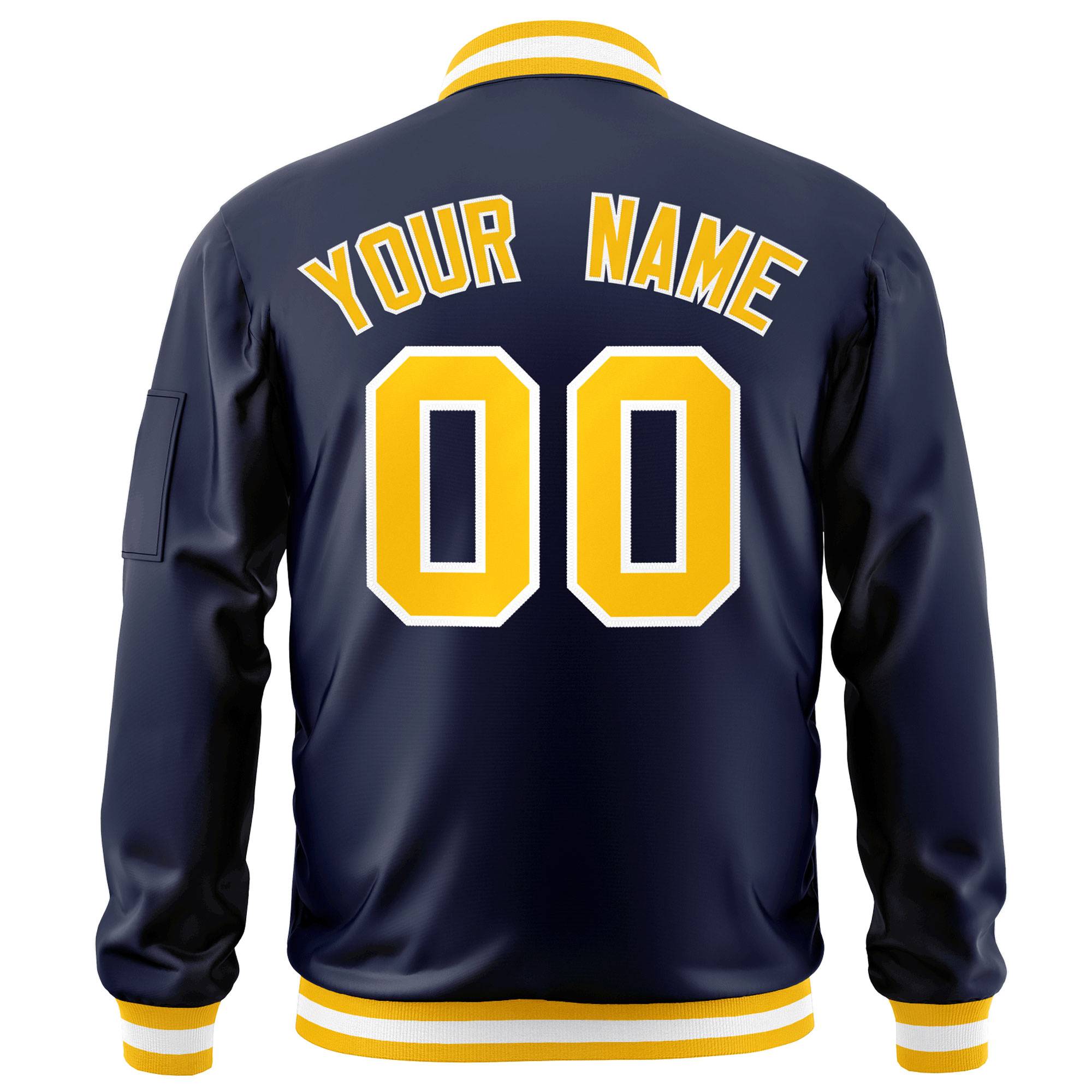 Custom Navy Gold-White Varsity Full-Zip Letterman Bomber Jacket