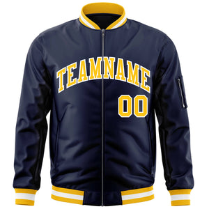 Custom Navy Gold-White Varsity Full-Zip Letterman Bomber Jacket