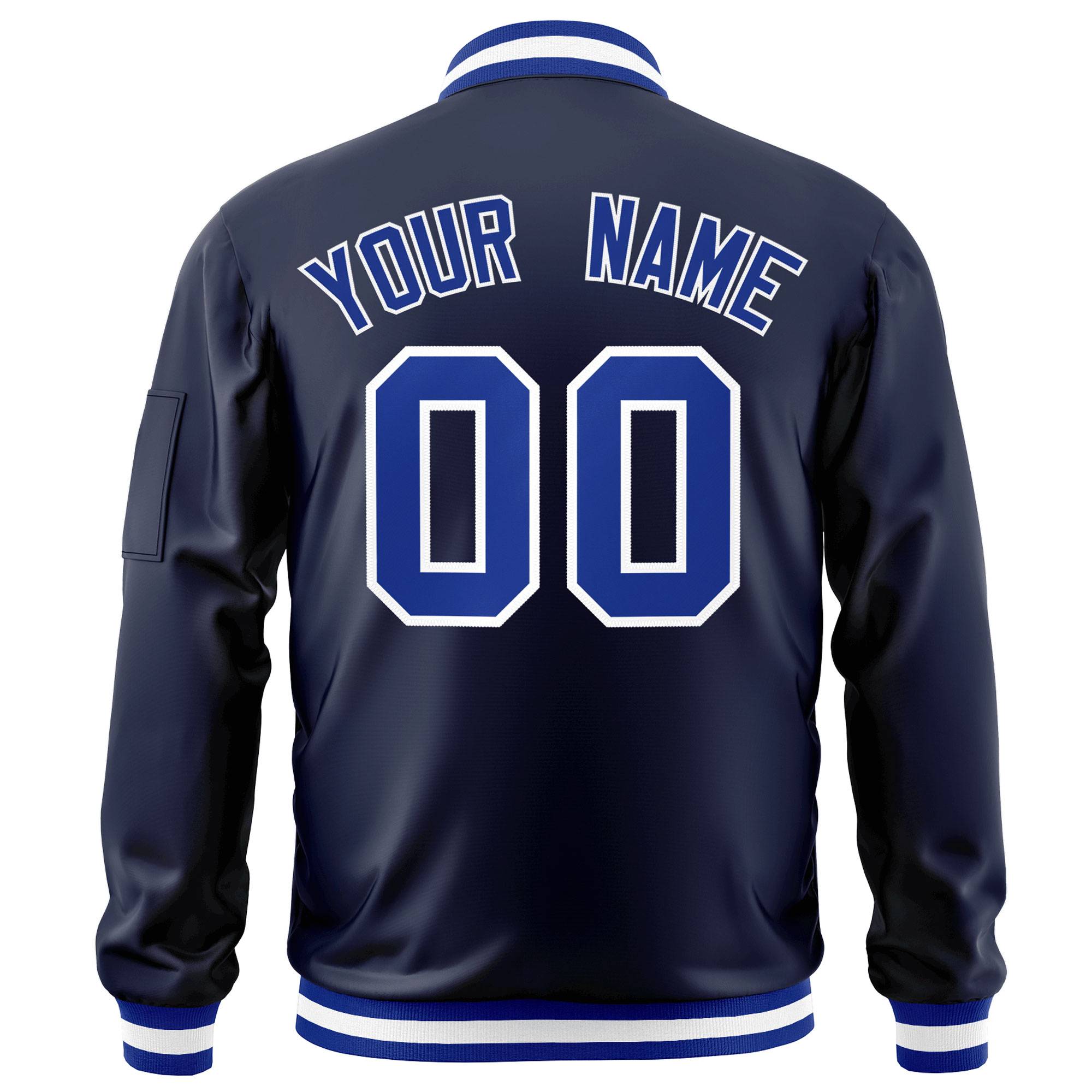 Custom Navy Royal-White Varsity Full-Zip Letterman Bomber Jacket