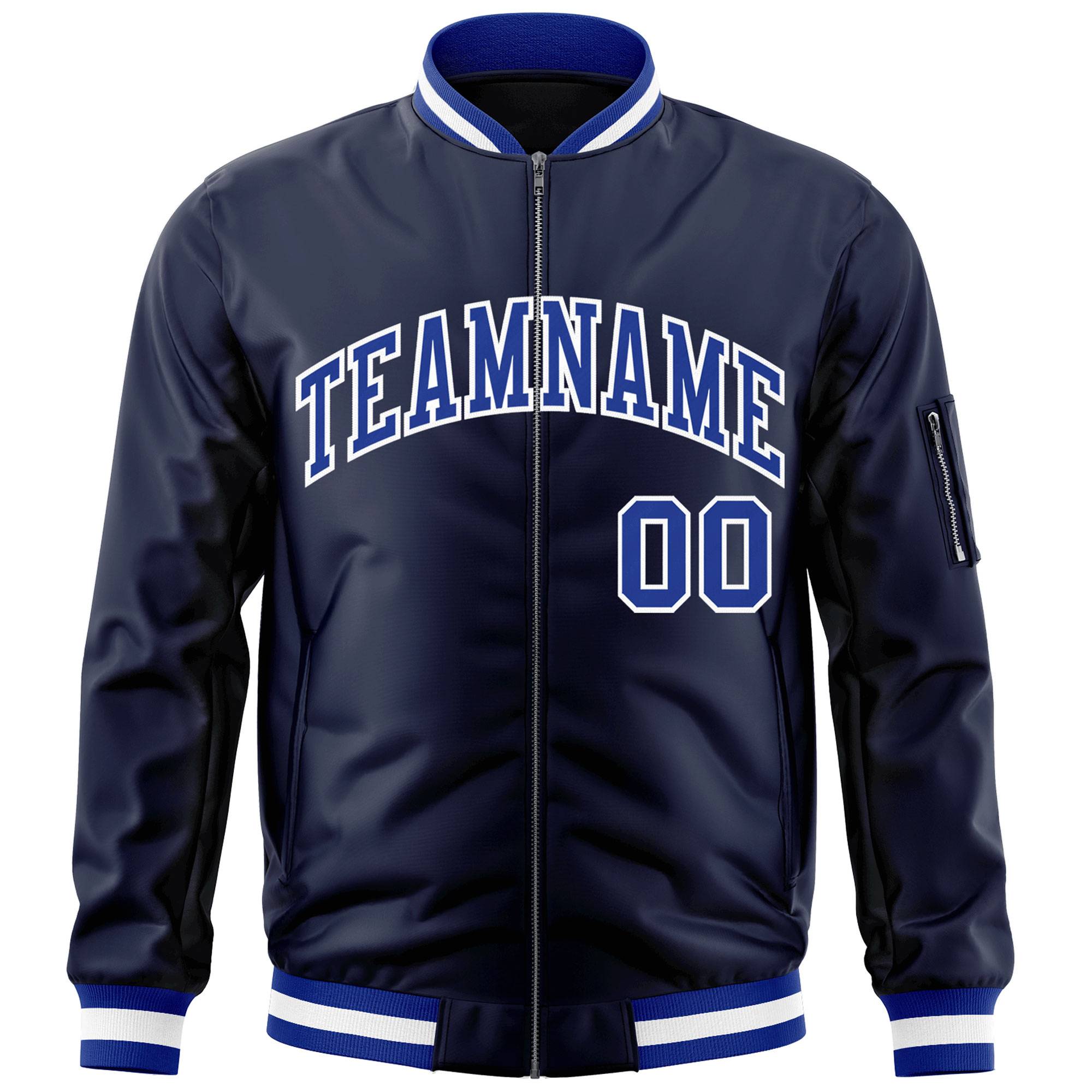 Custom Navy Royal-White Varsity Full-Zip Letterman Bomber Jacket