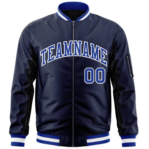 Custom Navy Royal-White Varsity Full-Zip Letterman Bomber Jacket