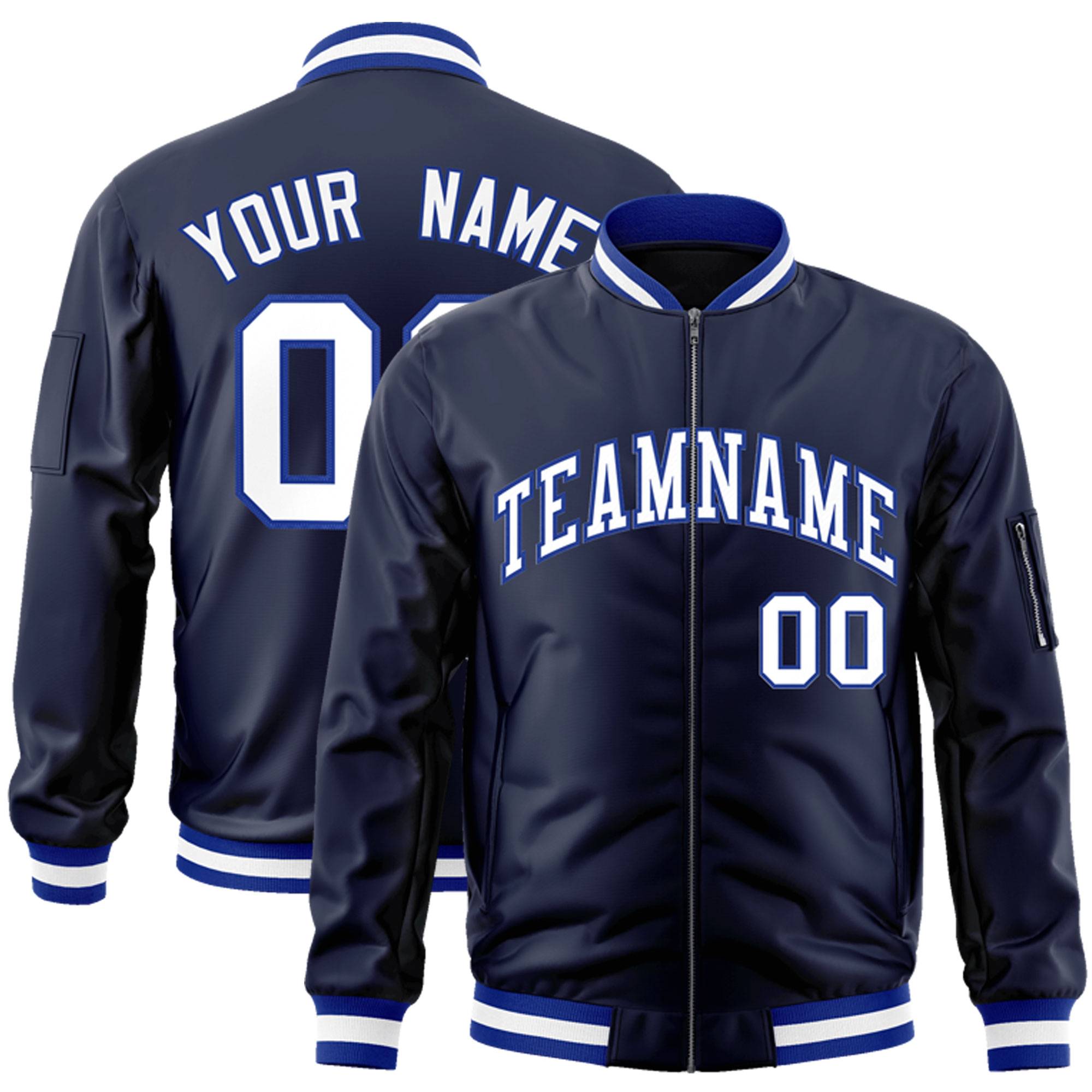 Custom Navy White-Royal Varsity Full-Zip Letterman Bomber Jacket