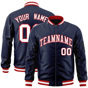 Custom Navy White-Red Varsity Full-Zip Letterman Bomber Jacket