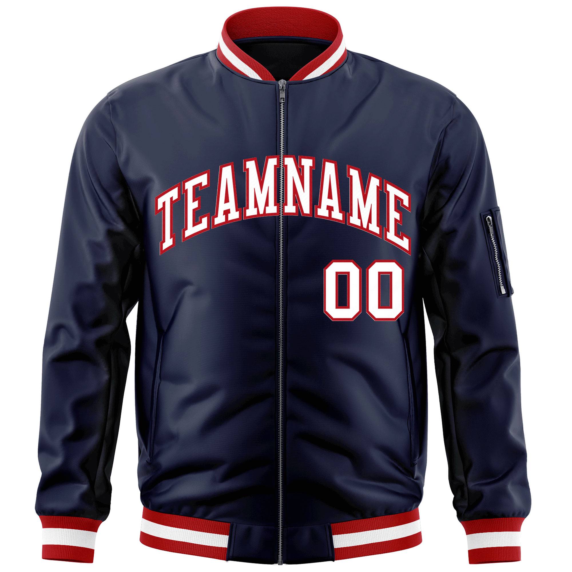 Custom Navy White-Red Varsity Full-Zip Letterman Bomber Jacket