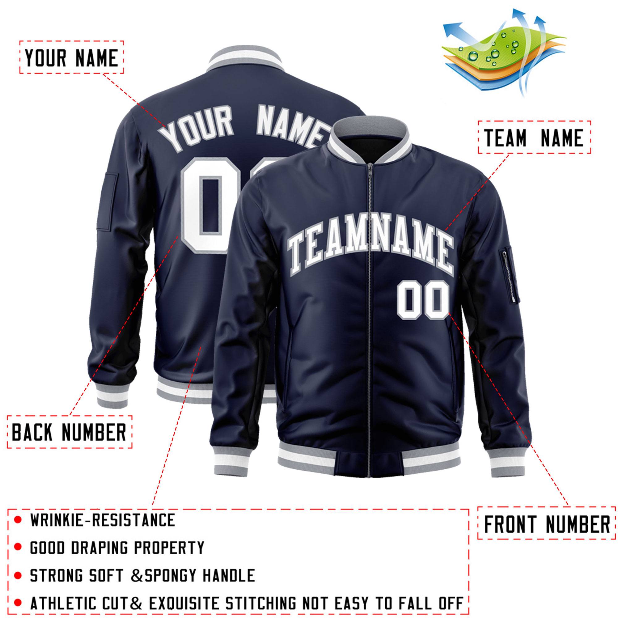 Custom Navy White-Gray Varsity Full-Zip Letterman Bomber Jacket