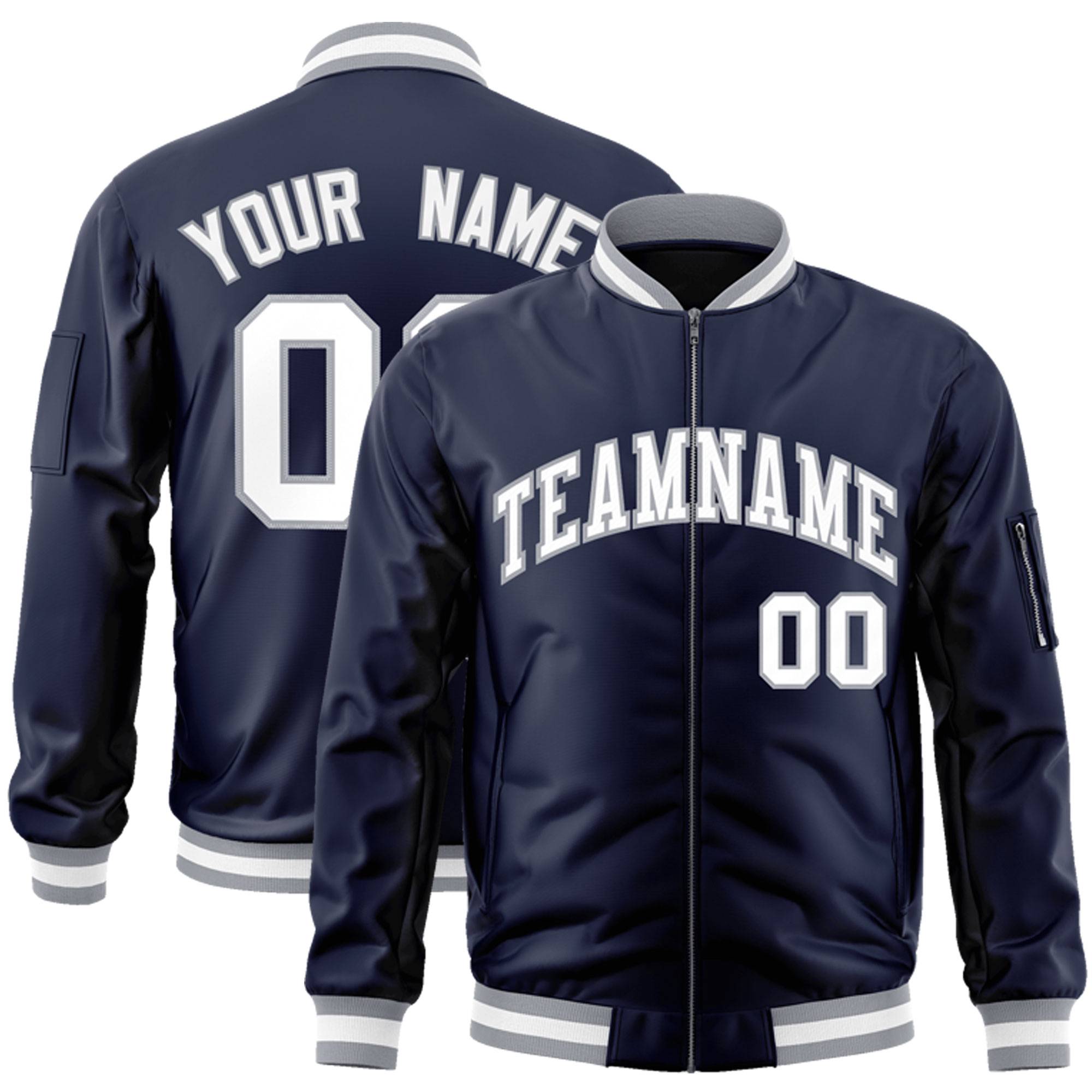 Custom Navy White-Gray Varsity Full-Zip Letterman Bomber Jacket