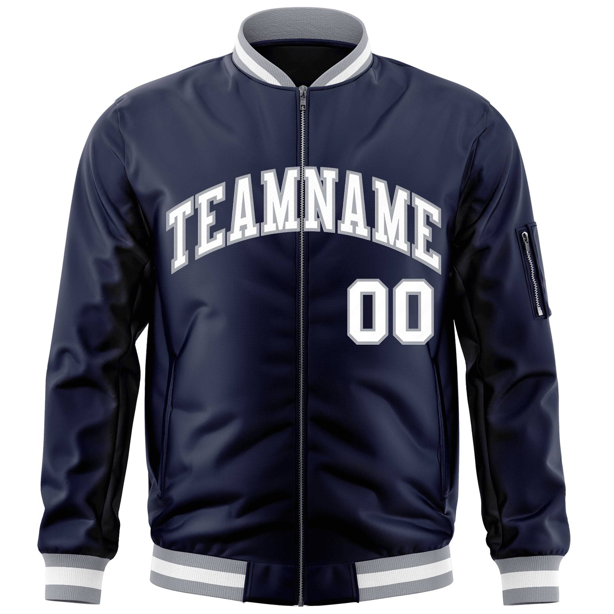 Custom Navy White-Gray Varsity Full-Zip Letterman Bomber Jacket