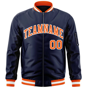 Custom Navy Orange-White Varsity Full-Zip Letterman Bomber Jacket