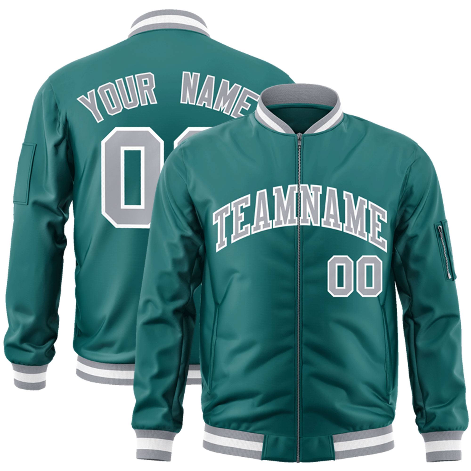 Custom Aqua Gray-White Varsity Full-Zip Letterman Bomber Jacket