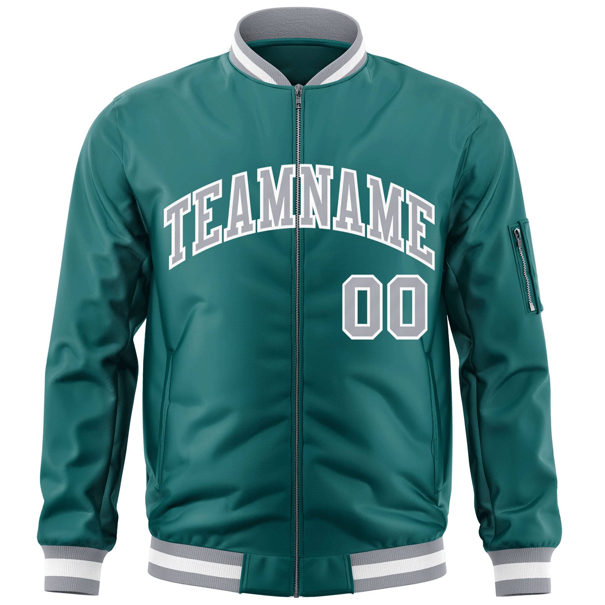 Custom Aqua Gray-White Varsity Full-Zip Letterman Bomber Jacket