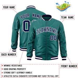 Custom Aqua Navy-White Varsity Full-Zip Letterman Bomber Jacket