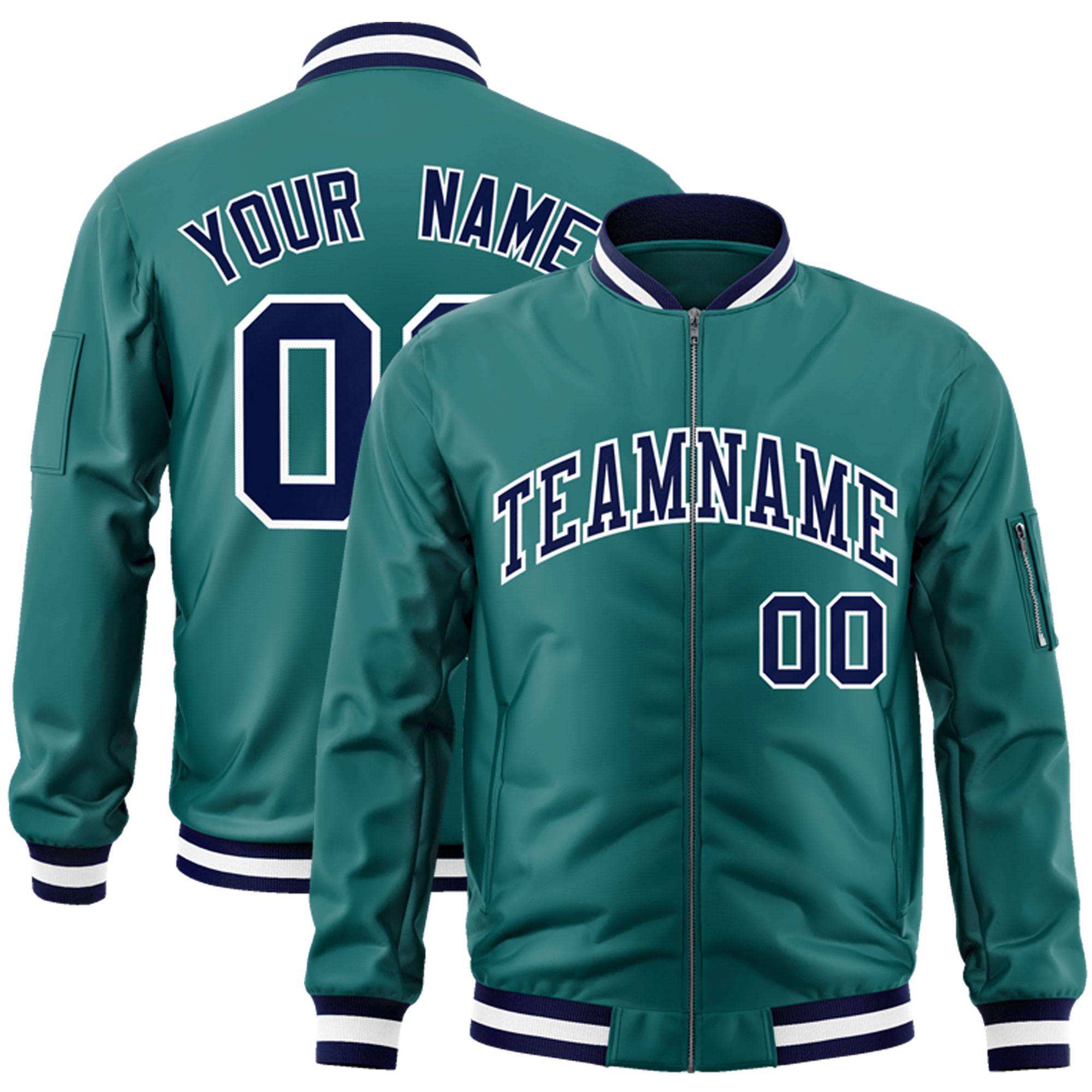 Custom Aqua Navy-White Varsity Full-Zip Letterman Bomber Jacket