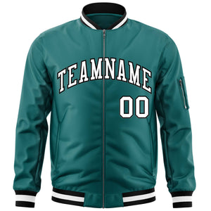 Custom Aqua White-Black Varsity Full-Zip Letterman Bomber Jacket