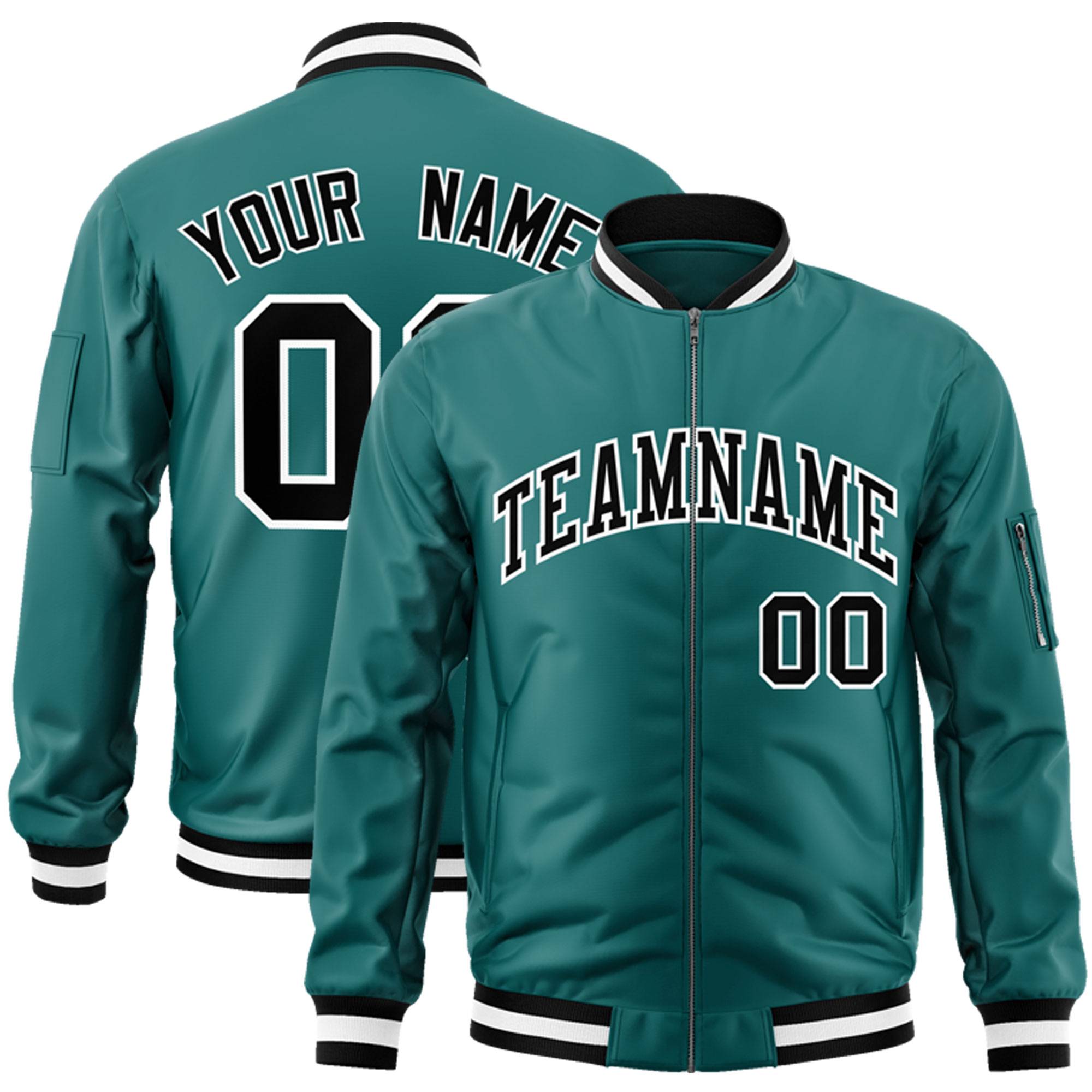 Custom Aqua Black-White Varsity Full-Zip Letterman Bomber Jacket