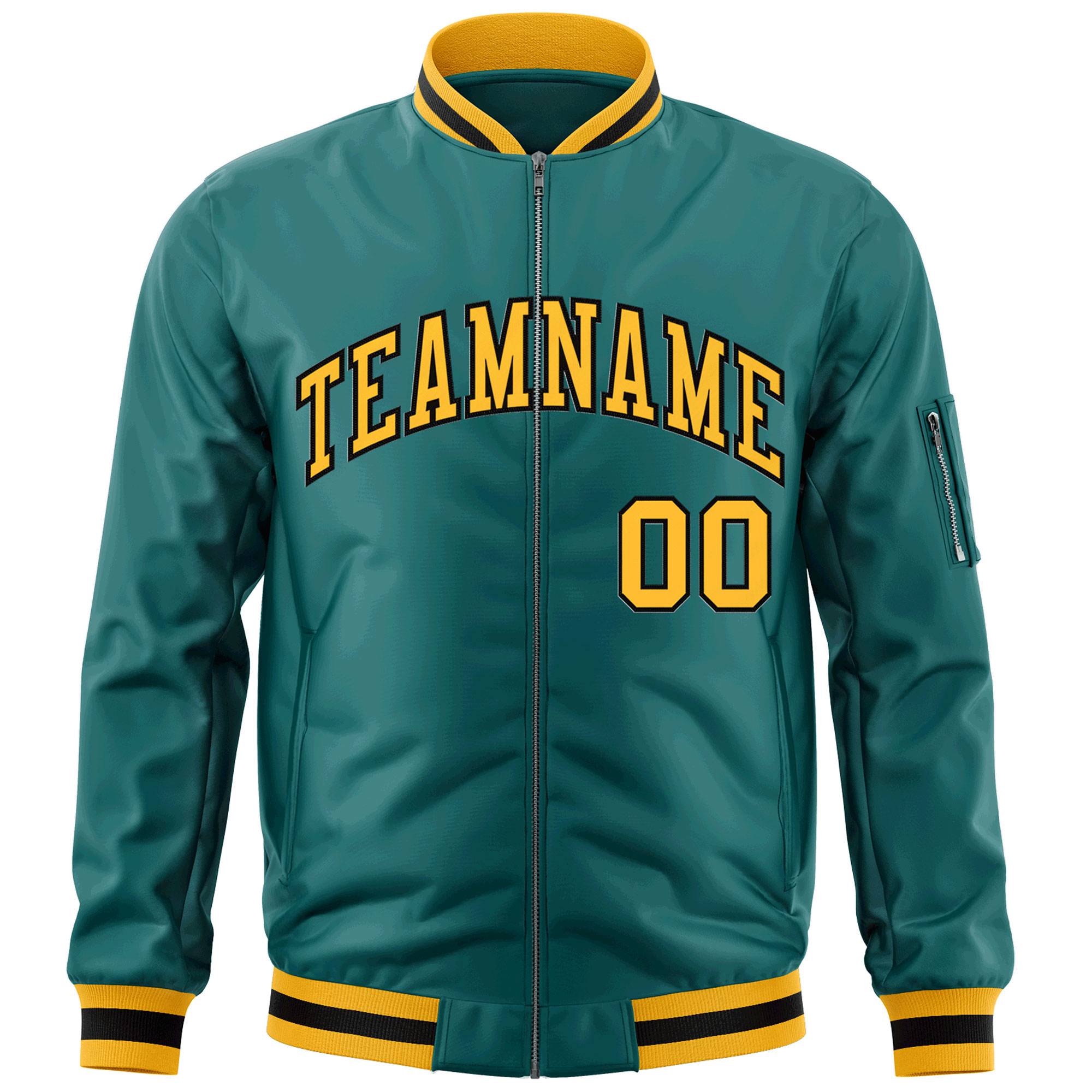 Custom Aqua Gold-Black Varsity Full-Zip Letterman Bomber Jacket