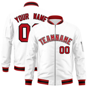 Custom White Red-Black Varsity Full-Zip Letterman Bomber Jacket