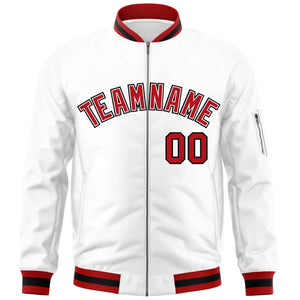 Custom White Red-Black Varsity Full-Zip Letterman Bomber Jacket