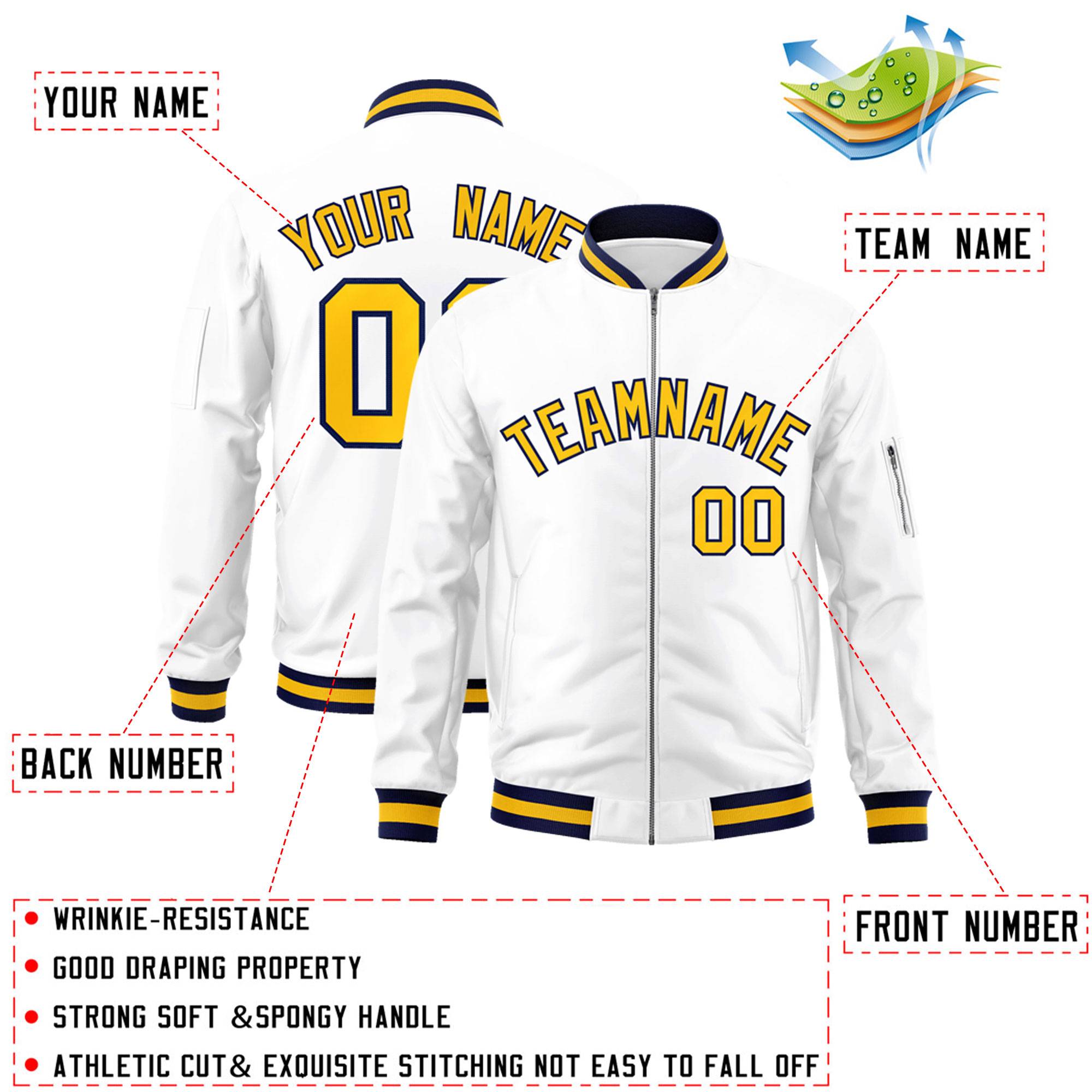 Custom White Yellow-Navy Varsity Full-Zip Letterman Bomber Jacket