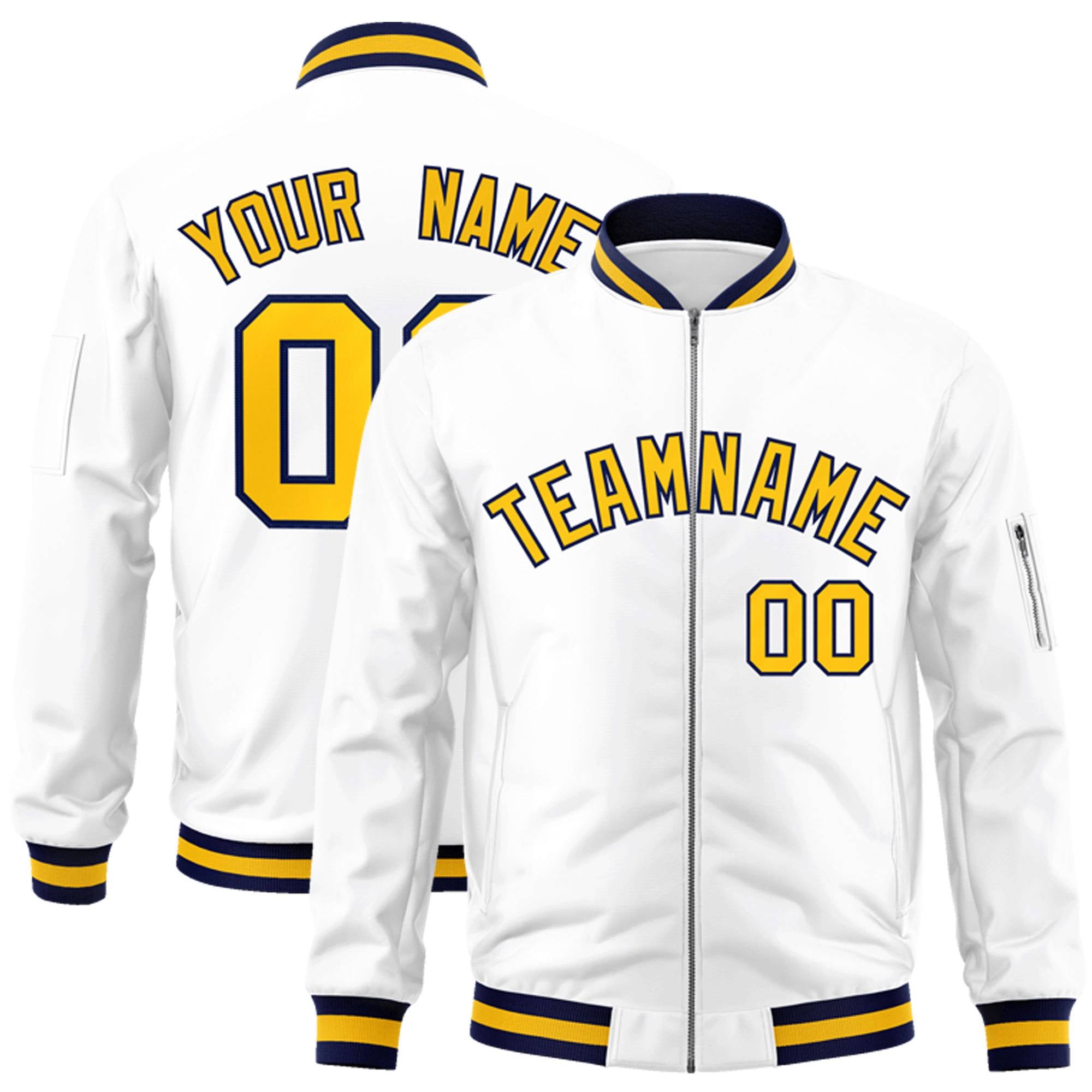 Custom White Yellow-Navy Varsity Full-Zip Letterman Bomber Jacket