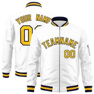 Custom White Yellow-Navy Varsity Full-Zip Letterman Bomber Jacket