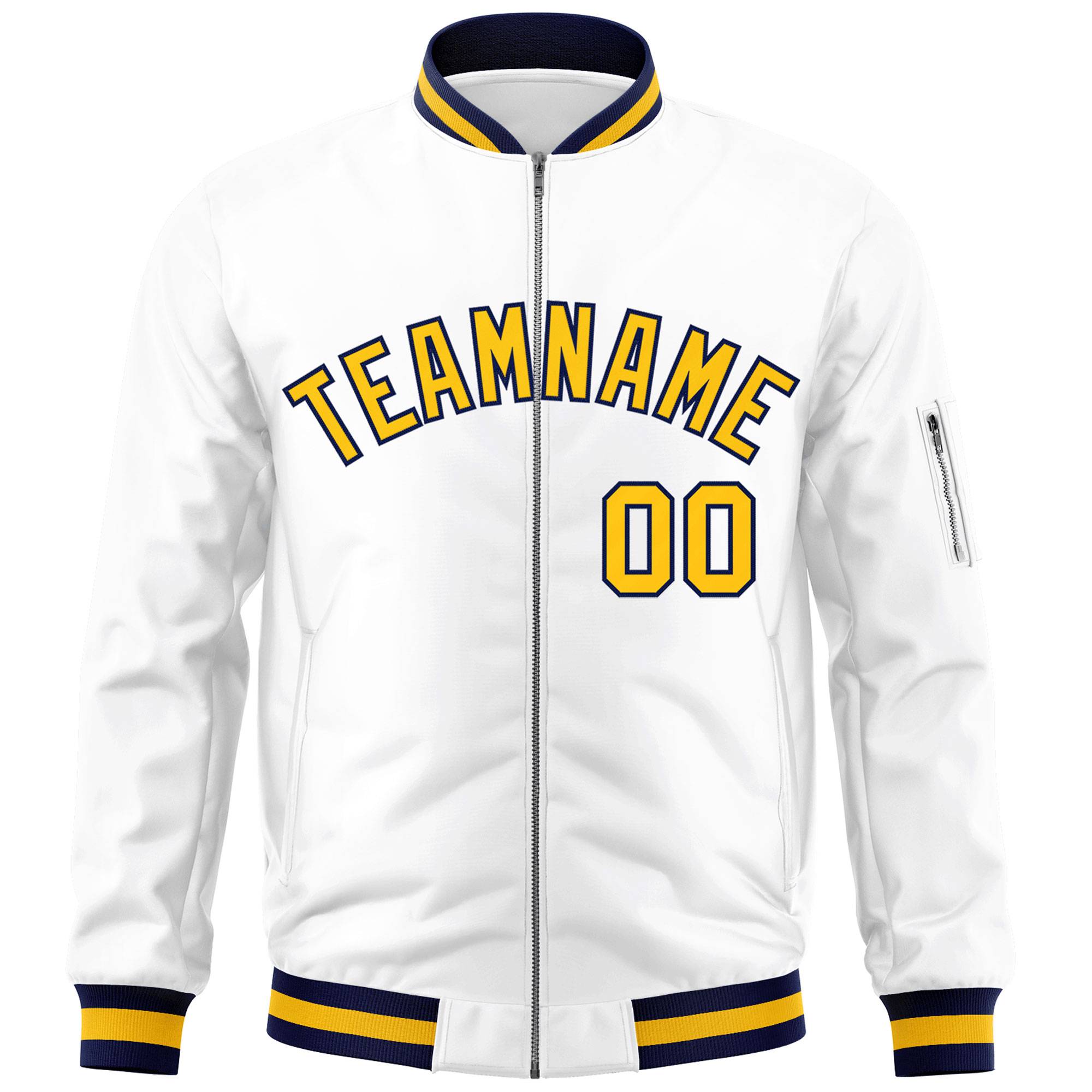 Custom White Yellow-Navy Varsity Full-Zip Letterman Bomber Jacket