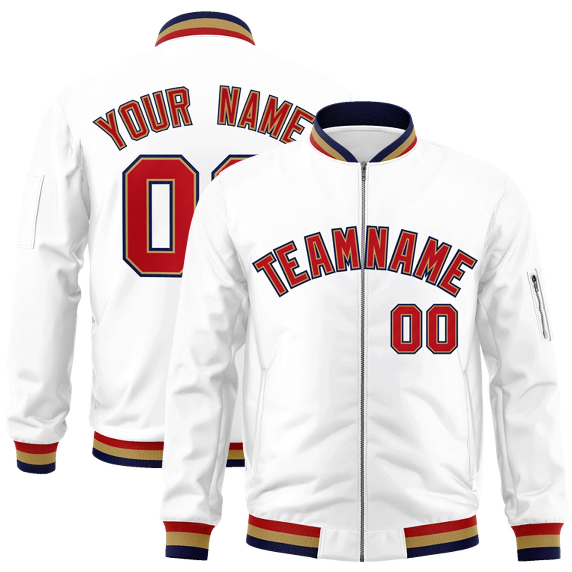 Custom White Red-Old Gold Varsity Full-Zip Letterman Bomber Jacket