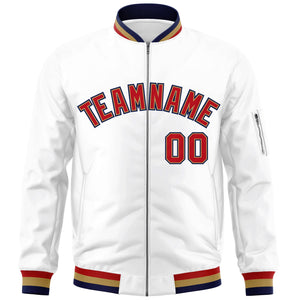 Custom White Red-Old Gold Varsity Full-Zip Letterman Bomber Jacket