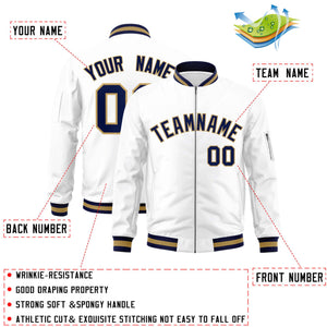 Custom White Navy-Old Gold Varsity Full-Zip Letterman Bomber Jacket