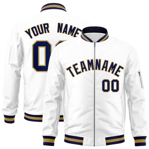 Custom White Navy-Old Gold Varsity Full-Zip Letterman Bomber Jacket