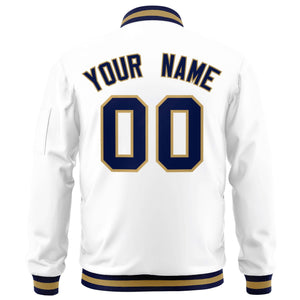 Custom White Navy-Old Gold Varsity Full-Zip Letterman Bomber Jacket