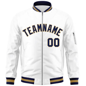 Custom White Navy-Old Gold Varsity Full-Zip Letterman Bomber Jacket