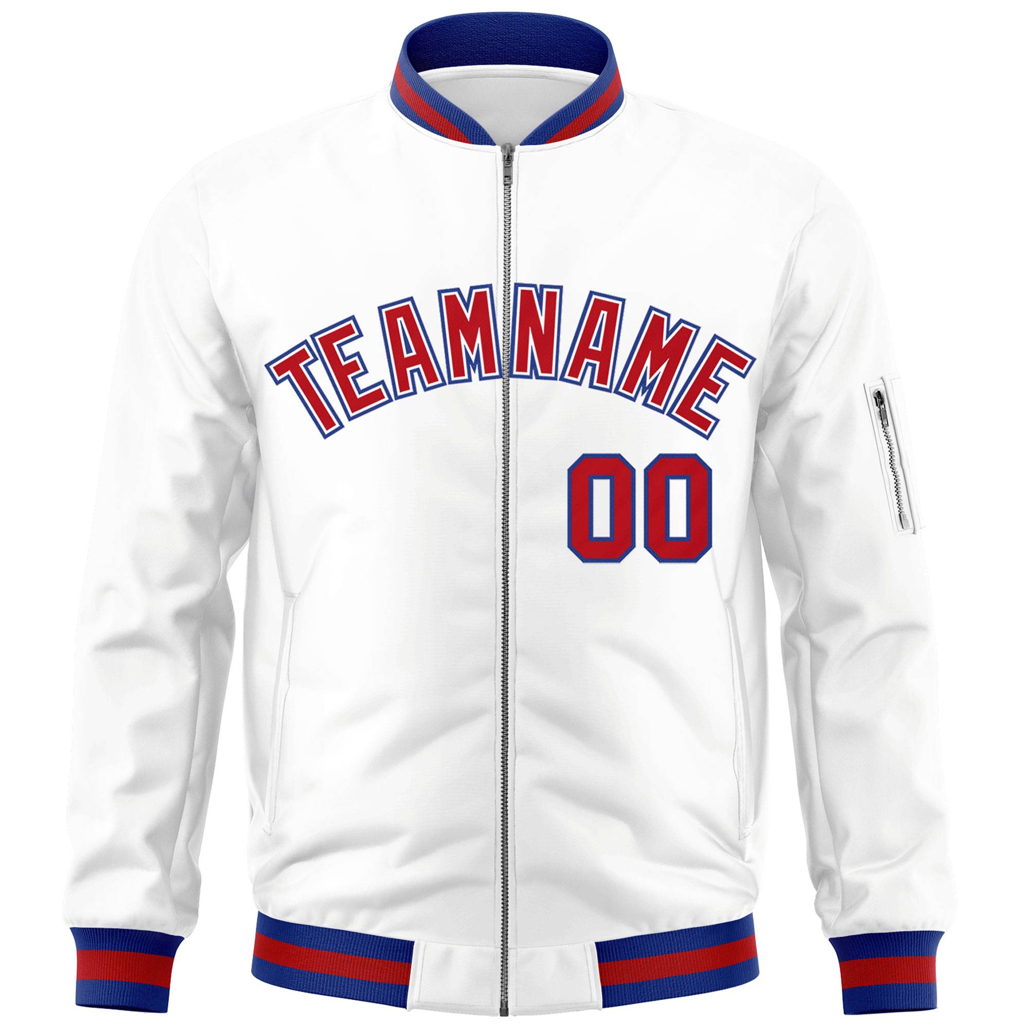 Custom White Red-Royal Varsity Full-Zip Letterman Bomber Jacket