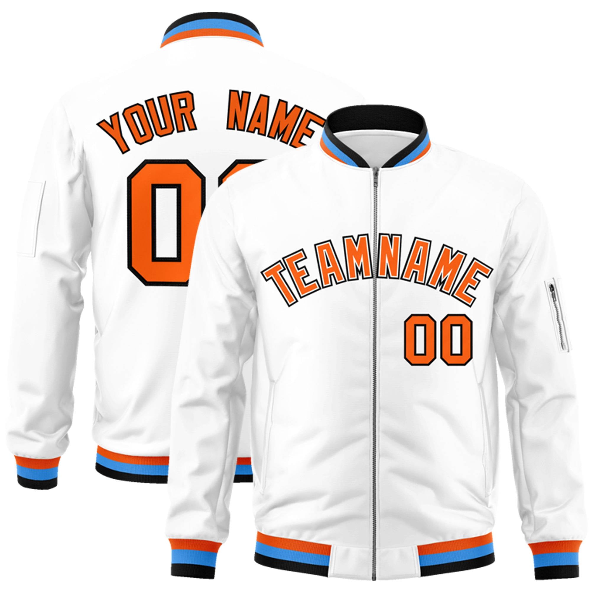 Custom White Orange-Black Varsity Full-Zip Letterman Bomber Jacket