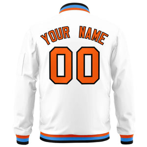 Custom White Orange-Black Varsity Full-Zip Letterman Bomber Jacket