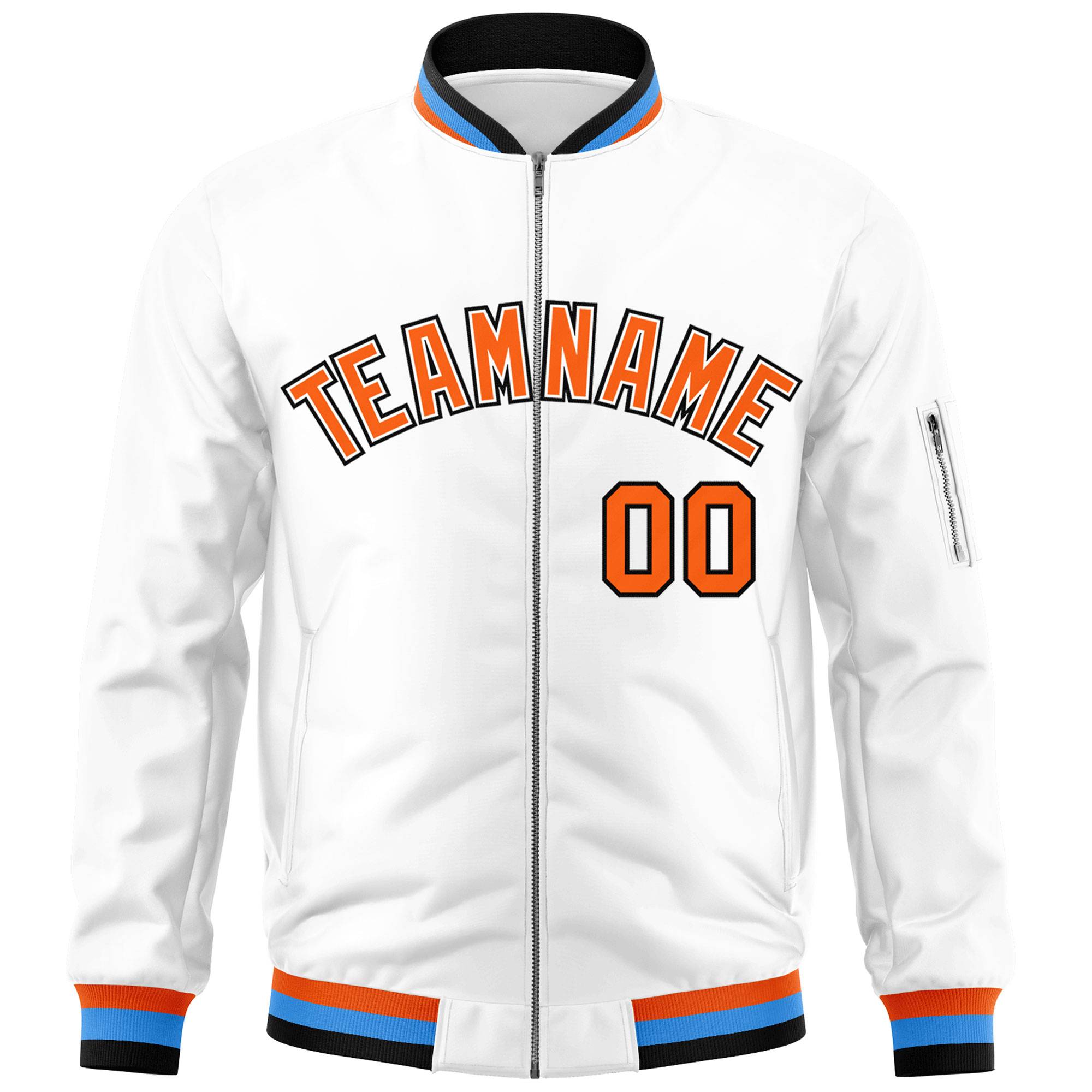 Custom White Orange-Black Varsity Full-Zip Letterman Bomber Jacket