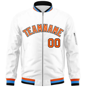 Custom White Orange-Black Varsity Full-Zip Letterman Bomber Jacket