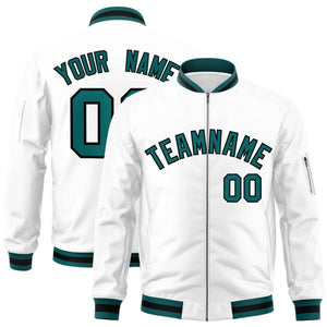 Custom White Aqua-Black Varsity Full-Zip Letterman Bomber Jacket